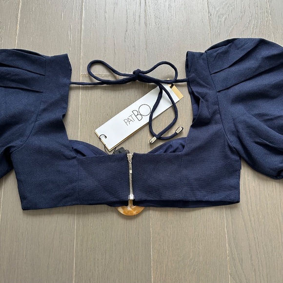 PatBo La Mer Crop Top Indigo Navy Blue Linen Puff Sleeve Size 4 - Picture 4 of 8